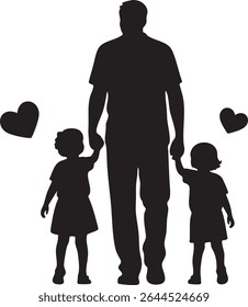 Uma silhueta preta retrata um pai andando com suas duas filhas, segurando suas mãos. Dois corações flutuam por perto, simbolizando o amor.