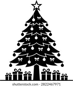 A black silhouette depicts a fully decorated Christmas tree with presents underneath, showcasing a distinctive silhouette style.