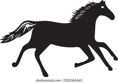 A black silhouette depicts a galloping horse, highlighting speed and freedom against a stark white background. Ideal for design concepts involving power and motion in minimalistic styles.