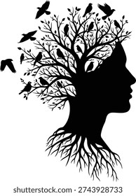 A black silhouette depicts a human head in profile with tree branches and roots forming the hair and chin. Birds are perched on the branches and flying around the head.