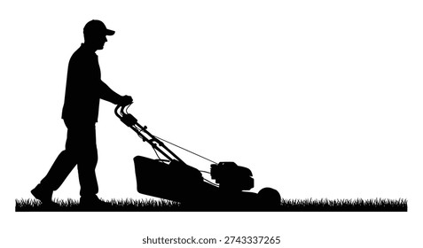 A black silhouette depicts a man operating a push mower, showcasing a distinct style.