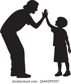 A black silhouette depicts a mother and son sharing a high five, symbolizing connection and celebration.