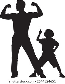 A black silhouette depicts a muscular man flexing his arms while a young boy points upward, looking up to him.