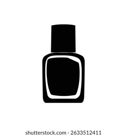 A black silhouette depicts a nail polish bottle on a transparent backdrop. The sleek container has a square base, rounded edges, and a square cap.