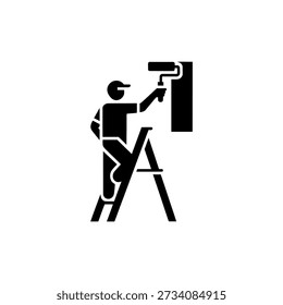 Black silhouette depicts a painter using a roller on a ladder, painting a wall.