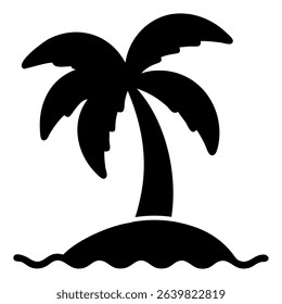 A black silhouette depicts a palm tree growing on a small island surrounded by water, representing a tropical or vacation theme.