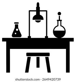 A black silhouette depicts a simple lab setup, featuring beakers, lamp, and a stool on a solid table, perfect for educational materials and scientific backgrounds.