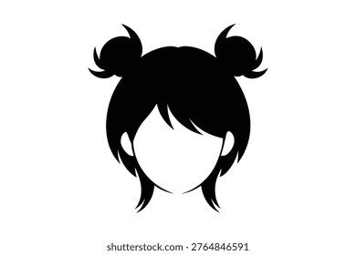 A black silhouette depicts a stylized representation of a girl's head and hair. The hair is styled into two prominent buns on either side of the head, resembling playful pigtails or space buns. A fringe of bangs covers the forehead, and short strands of hair fall down on either side. The face is blank, emphasizing the hairstyle. The graphic is presented on a white background.