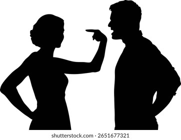 Uma silhueta preta retrata uma mulher apontando seu dedo para um homem, sugerindo um argumento ou confronto. A imagem evoca temas de conflito e questões de relacionamento.