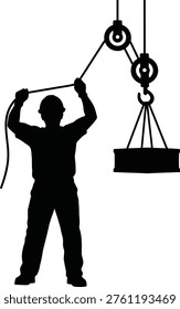 A black silhouette depicts a worker using a complex pulley system to lift or move a suspended load, showcasing mechanical advantage.