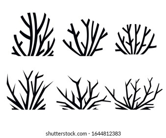 Black silhouette desert sand plants and thorns weed flat vector illustration isolated on white background