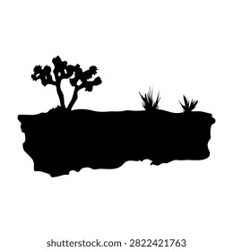 Black silhouette of a desert scene featuring a lone tree and sparse plants on a flat terrain against a white background.