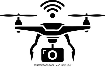 Black silhouette design of a futuristic smart delivery drone with ai sensor icon