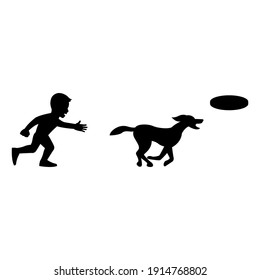 black silhouette design with isolated white background of boy playing disk with dog,vector illstration