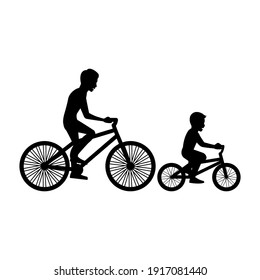 black silhouette design with isolated white background of father and son cycling,vector illstration