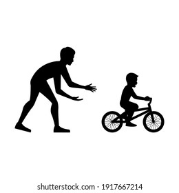 black silhouette design with isolated white background of father teach son cycling,vector illstration