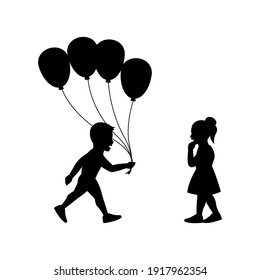 black silhouette design with isolated white background of boy send girl balloons,vector illstration