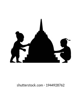 black silhouette design with isolated white background of children building sand pagoda,vector illstration
