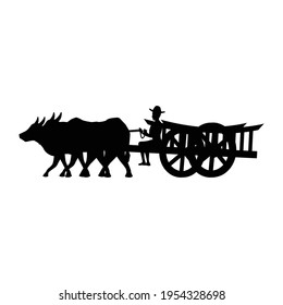 black silhouette design with isolated white background of man riding cow cart,vector illustration