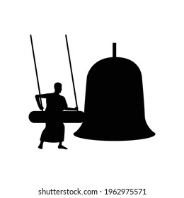 black silhouette design with isolated white background of monks hit bell,vector illustration