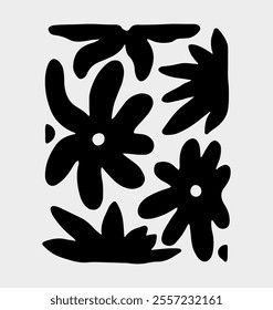 Black silhouette design with an organic, abstract pattern on a light gray background. Curved and irregular shapes resembling flowers, leaves or plant-like forms. Vector hand-drawn illustration. 