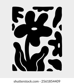 Black silhouette design with an organic, abstract pattern on a light gray background. Curved and irregular shapes resembling flowers, leaves or plant-like forms. Vector hand-drawn illustration. 