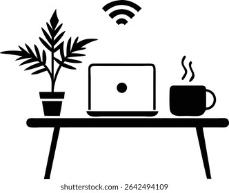 Black silhouette design of remote work desk with laptop coffee mug and plant