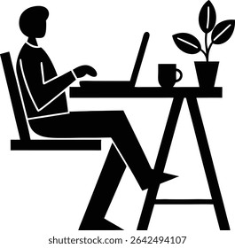 Black silhouette design representing a remote work desk with laptop and plant in vector format