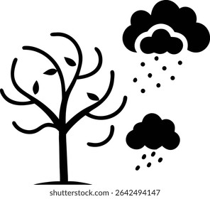 Diseño negro de la silueta de un árbol y de la nube con las partículas de aire en un fondo blanco
