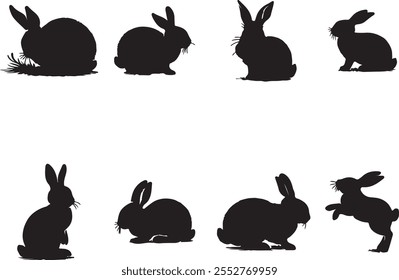 Black silhouette designs of rabbits in different adorable poses. Ideal for decoration, crafts, or creative design projects.