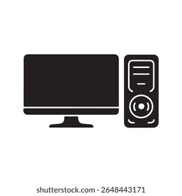 Black silhouette of a desktop computer monitor and tower on a white background.