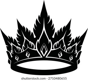 Una silueta negra de una corona detallada con puntos afilados y Elementos decorativos, presentada sobre un fondo blanco.