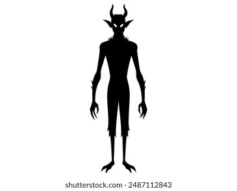 Black silhouette of devil character isolated on a white background. Concept of Halloween, fantasy creature, mythical demon, villainous imp, digital art. Print, illustration, design element