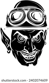 black silhouette of Devil or lucifer head with helmet vector illustration in vintage style isolated on white background