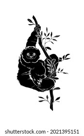 Black silhouette of the diademed sifaka (Propithecus diadema) on white background. Graphic drawing. Vector illustration.