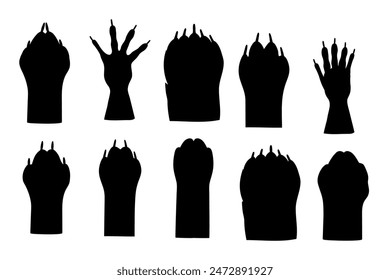 Black silhouette of different animal paw fox bear rabbit wolf and others simple cartoon style vector illustration isolated on white background