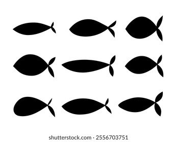 The black silhouette of different fish is hand-drawn in isolation on a white background, vector, doodle. Collection of marine inhabitants for design, flat design. A set of graphic icons