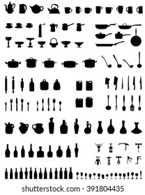 Black silhouette of different kitchen utensils, vector