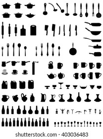 Black silhouette of different kitchen utensils, vector