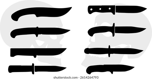 Black silhouette of different types of knives against the background of skulls