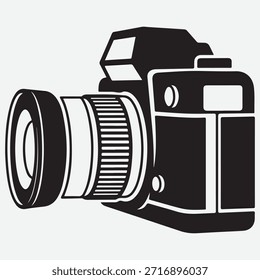 Silueta Negra De Una Cámara Digital Con Lente Sobre Fondo Blanco DSLR Fotografía 