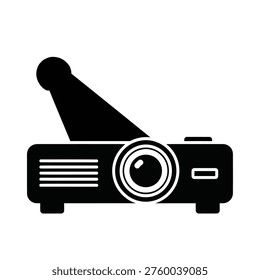 A black silhouette of a digital projector emitting a beam of light isolated on a transparent background