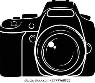 Black silhouette of a digital slr camera on a white background with silhouette