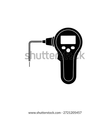 Black silhouette of a digital thermometer with a screen and probe on a white background.