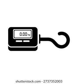 A black silhouette of a digital weighing scale with a hook displaying zero kilograms silhouette