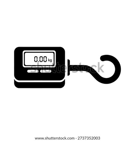 A black silhouette of a digital weighing scale with a hook displaying zero kilograms silhouette