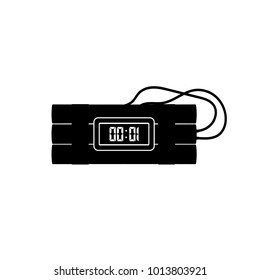 Black silhouette of dinamite with timer. Terrorist explosive. Weapon icon. Military isolated object. Vector illustration