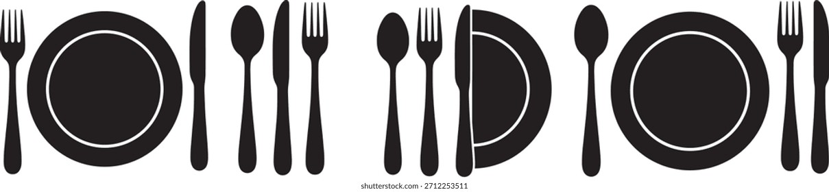 Silueta negra de una cena con platos, tenedores, cuchillos y cucharas dispuestos simétricamente sobre un fondo blanco.