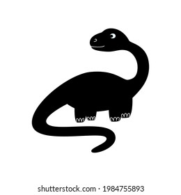 black silhouette dinosaur child. cartoon dinosaur. adorable small brontosaurus smiles and looks behind. cartoon style in design elements for kids fashion. simple sign dino on white background