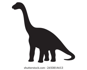 Black silhouette of Diplodocus dinosaur with long neck and tail, isolated on white background, graphic illustration. Concept of giant prehistoric herbivore, sauropod species, jurassic animal.